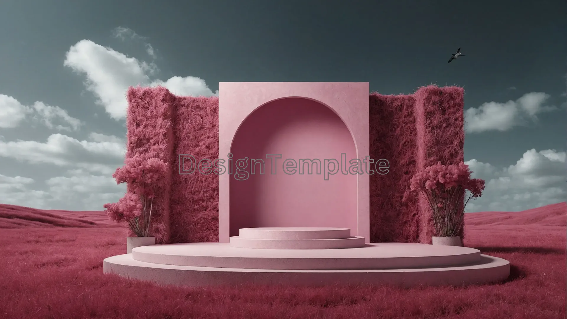 Red Grass Landscape with Pink Podium Background Photo image